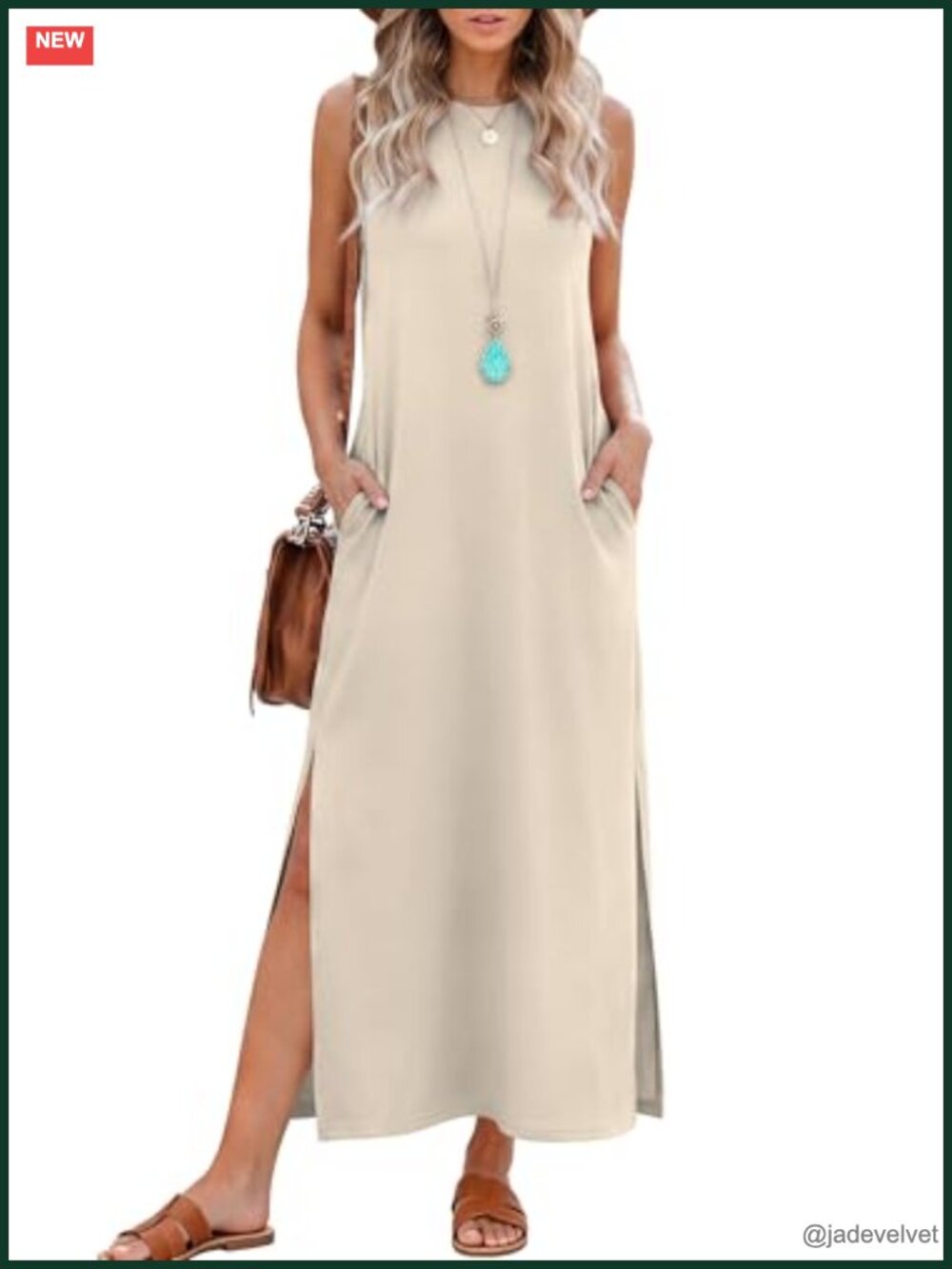 Maxi Side Slit Long Dress with Pockets Sleeveless Crewneck
